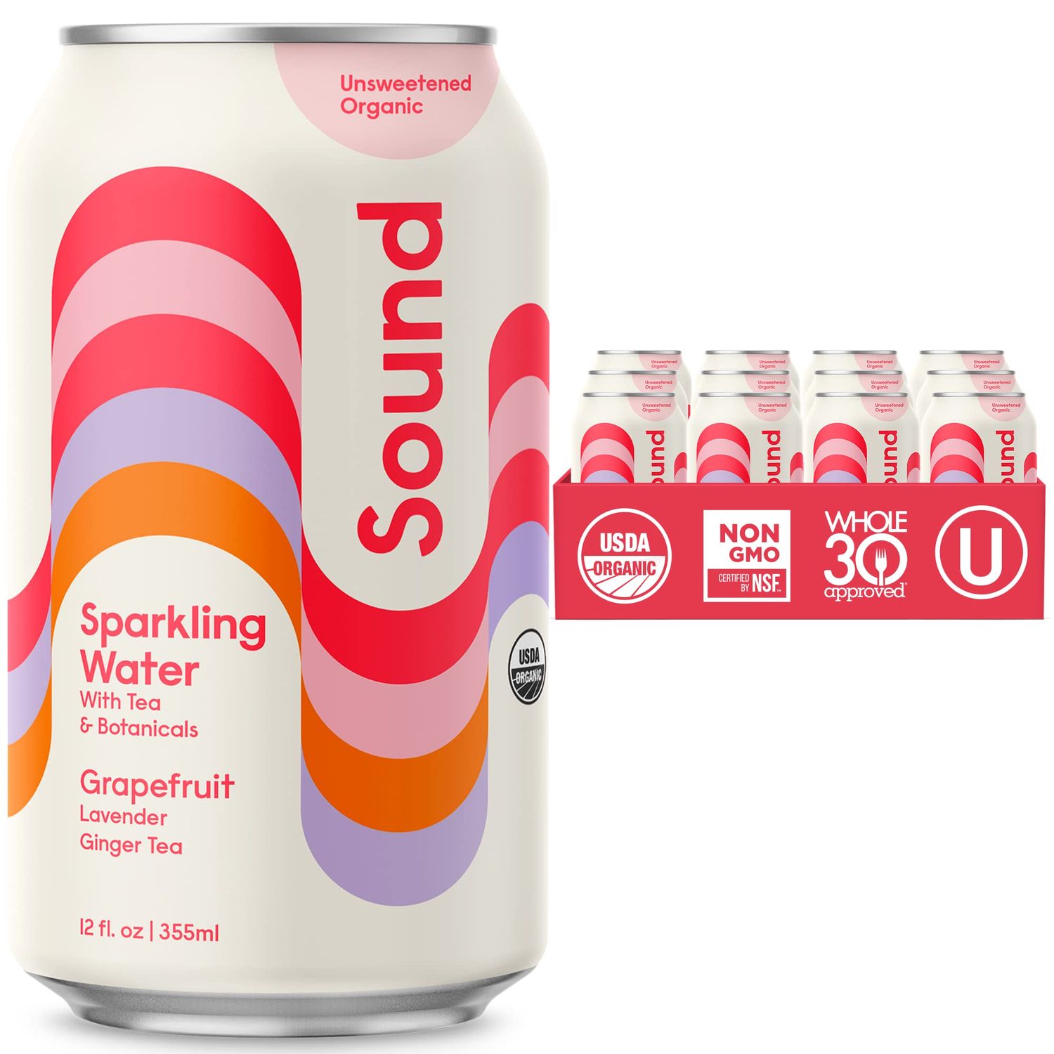 Sound Sparkling Water - Grapefruit wLavender Ginger Tea. Organic. Zero Calories. Zero Sugar. Non-GMO. Whole30. Caffeine Free Seltzer Water. 12 Fl oz (Pack of 12)
