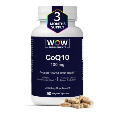 WOW Supplements CoQ10 100 mg with Hawthorn Berry - High Absorption CoQ10 100mg for Energy Production, Heart and Cellular Health - Non-GMO, Gluten-Free Coenzyme Q10 100mg Supplement - 90 Capsules