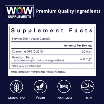 WOW Supplements CoQ10 100 mg with Hawthorn Berry - High Absorption CoQ10 100mg for Energy Production, Heart and Cellular Health - Non-GMO, Gluten-Free Coenzyme Q10 100mg Supplement - 90 Capsules