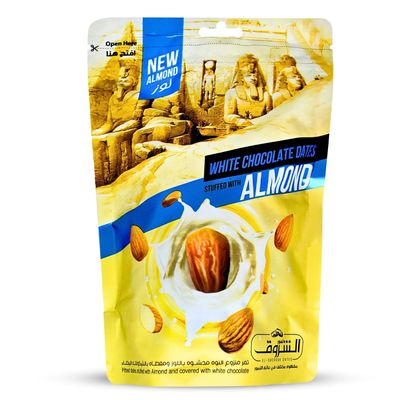 El Sherouk Pitted Dates Stuffed With Almonds And Covered With White Chocolate Natural Sweet Egypt Tamr Fresh Ramadan No Gmo Halal (1 Pack 8.82 oz 250 gm)