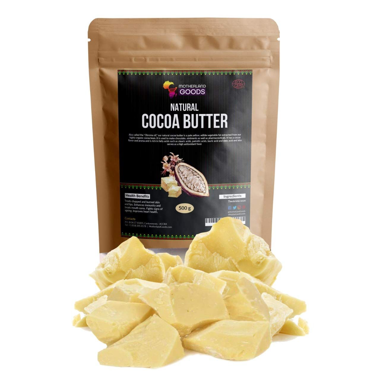 Motherland Goods Natural Cocoa Butter Chunks - 8 oz Organic Raw Body Moisturizer for Sensitive Skin, Anti-Aging, Scars Eczema Relief (West Africa)