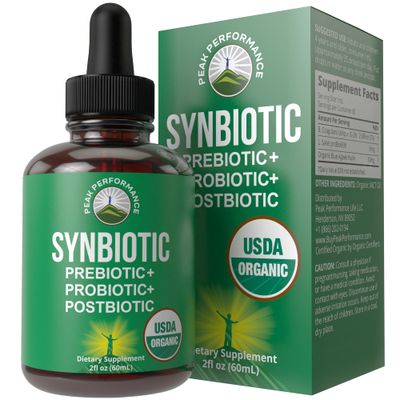 Organic Synbiotic Prebiotics Probiotics Postbiotics 3-in-1 Supplement for Women, Men, Kids. Pre, Pro, Post Biotics Liquid Drops for Gut Microbiome Balance. Made in USA, Vegan, Zero Sugar