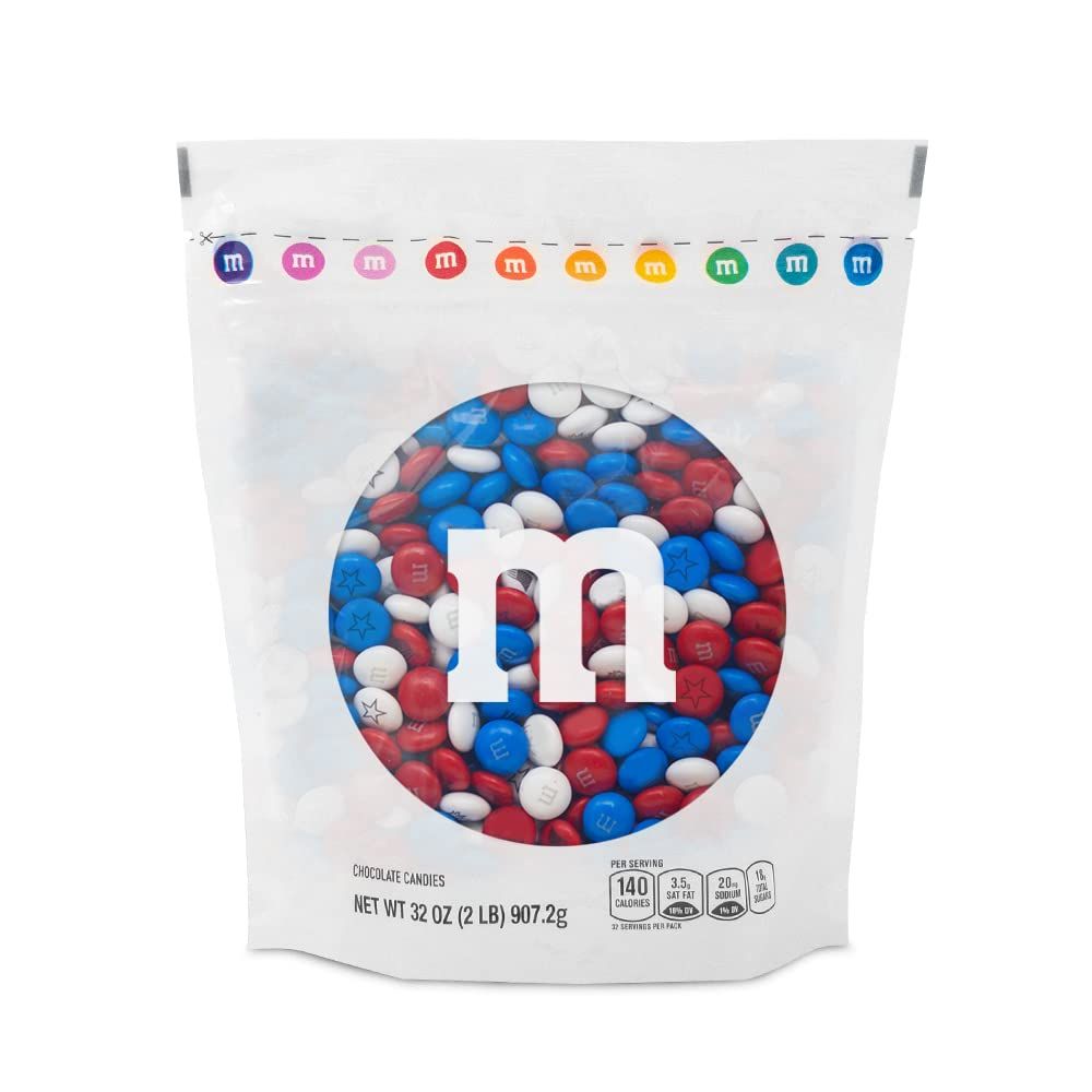 MM S WORLD Red, White, and Royal Blue Milk Chocolate Candy - 2lbs Bulk Resealable Bag for Celebrations, 4th of July Decorations, Red, White, Blue Decorations and More