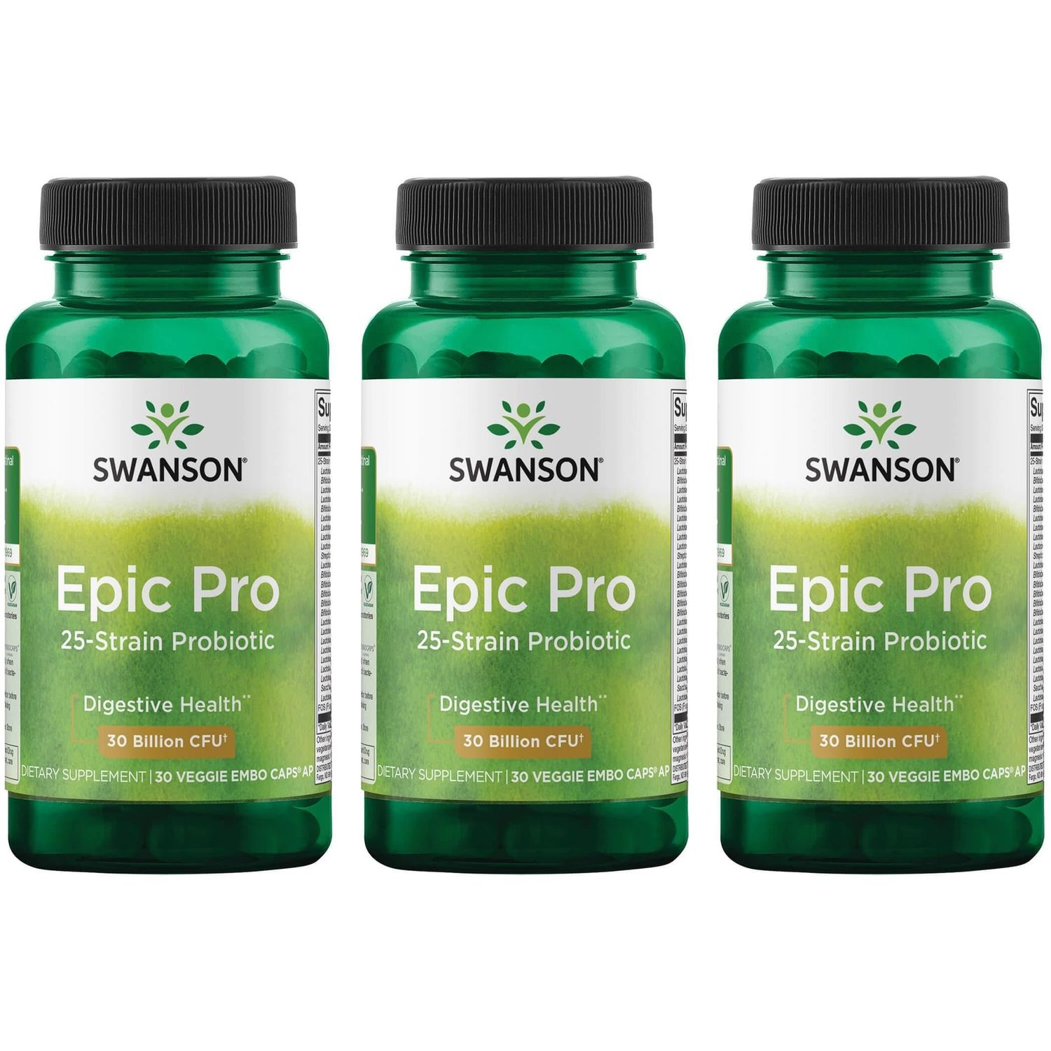 Swanson Epic-Pro 25-Strain Probiotic 30 Billion CFU Digestive Health Immune System Support Prebiotic Nutraflora FOS 30 DRcaps Veggie Capsules (Caps) (3 Pack)