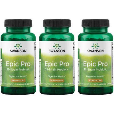 Swanson Epic-Pro 25-Strain Probiotic 30 Billion CFU Digestive Health Immune System Support Prebiotic Nutraflora FOS 30 DRcaps Veggie Capsules (Caps) (3 Pack)