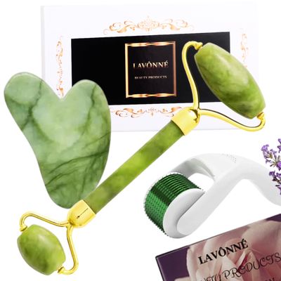 LAV NN 100 Authentic Jade Roller and Gua Sha Set for face I Derma Roller I Facial Tools I Real Guasha I Premium Quality I Mother&#39;s Day Gift for wife