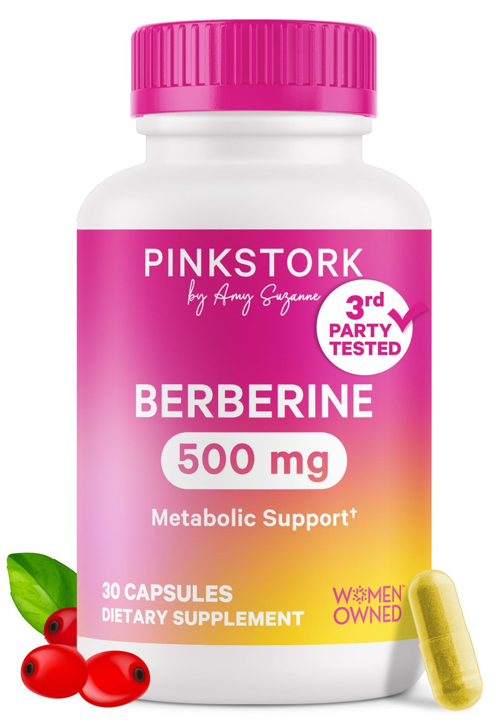 Pink Stork Berberine Supplement 500mg - Metabolism Support for Women - Overall Hormonal Wellness, for Active and Healthy Lifestyle, Gluten-Free, Dairy-Free - 500 mg Capsules, 30 Count