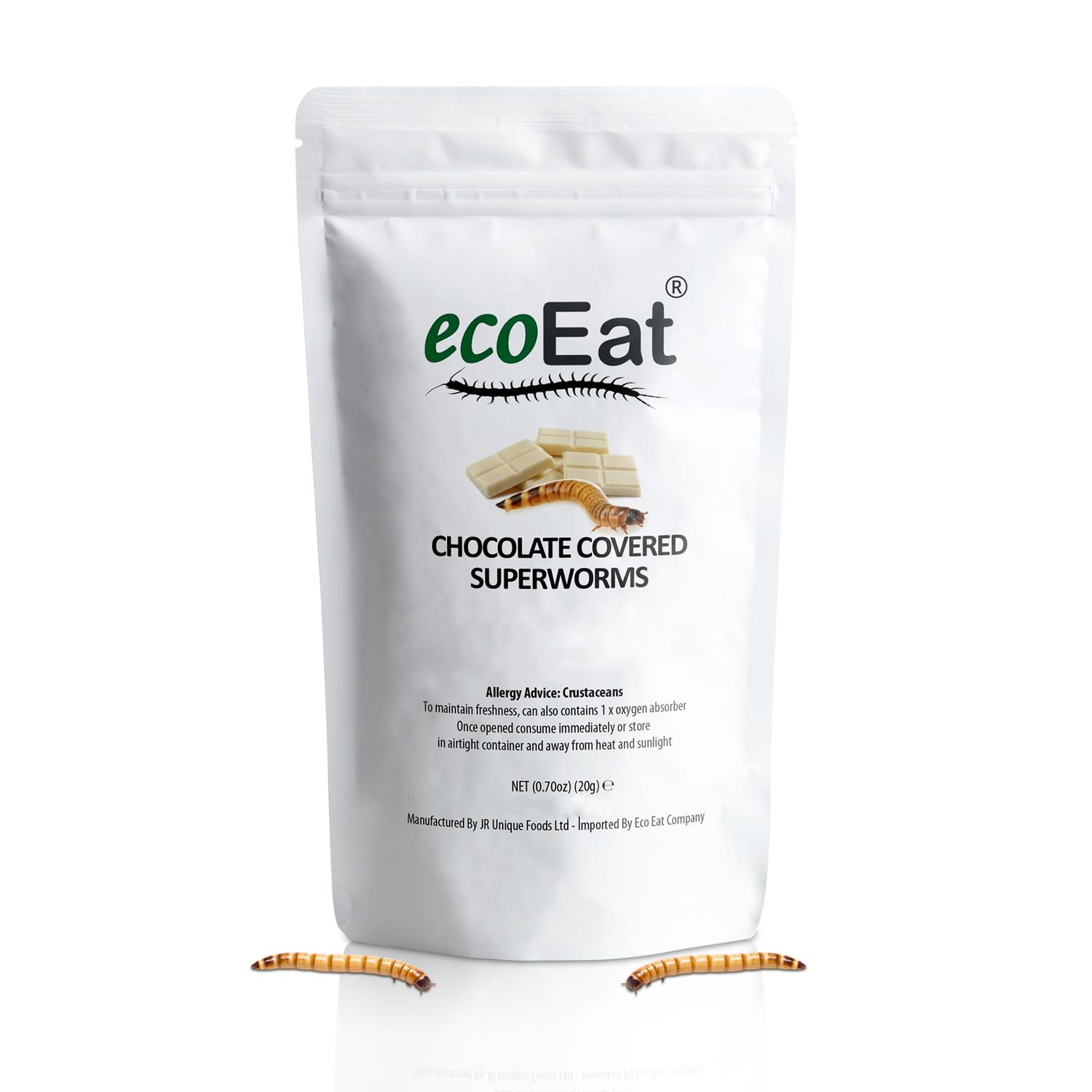 ecoEat Edible Bugs White Chocolate Covered Superworms, 20g, Snack Food Gifts