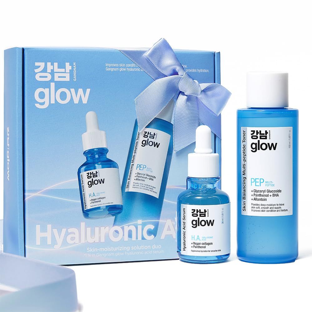 GANGNAM GLOW Skin-Moisturizing Solution Duo - Multi-Peptide Toner for Face 5.07fl oz Hyaluronic Acid Serum 1.01fl oz I Korean Skincare I Special Gifts for Women
