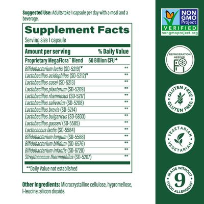 MegaFood MegaFlora Probiotic Plus - Probiotics for Women Digestive Health- Probiotics for Men - 50 Billion CFUs 14 Strains - Immune Support Supplement - Vegetarian - 30 Capsules, 30 Servings