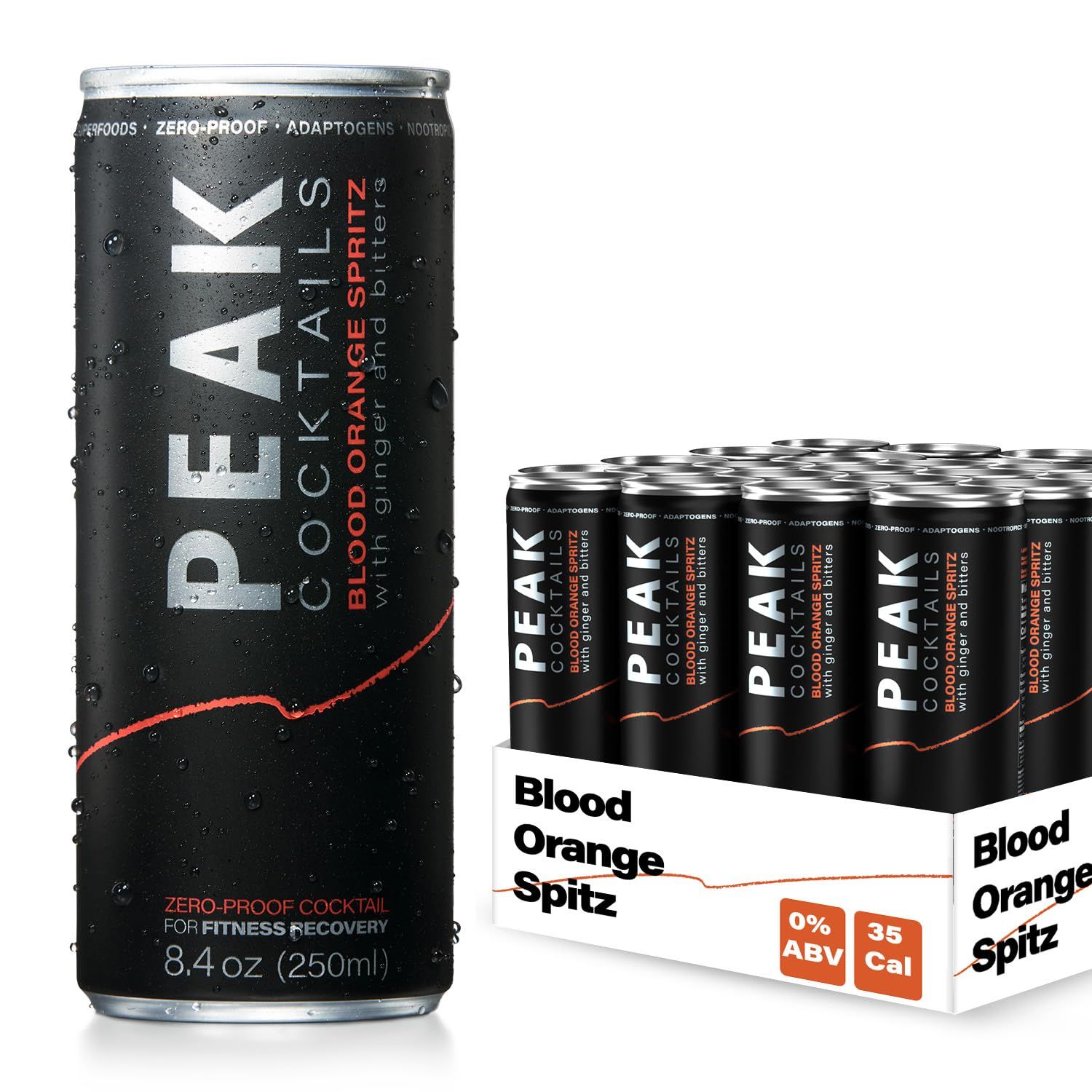 Peak Cocktails Non-Alcoholic Cocktail Adaptogens, Nootropics, Superfoods for Recovery, Calm, Sleep Ashwagandha, Tart Cherry, L-Theanine Mixologist-crafted Blood Orange Spritz 8.4 oz, 24-Pack