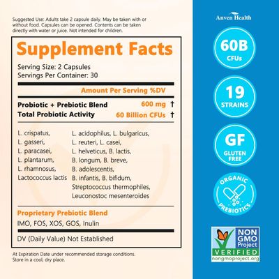 Anven Health 60 Billion Probiotics for Women and Men 19 Strains 5 Organic Prebiotics for Gut Digestive Immune Health, Supports Diarrhea Gas Bloating, Vegan Probiotic Supplement Formula 60 Caps