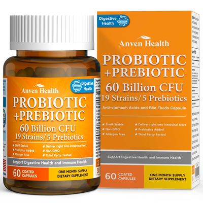 Anven Health 60 Billion Probiotics for Women and Men 19 Strains 5 Organic Prebiotics for Gut Digestive Immune Health, Supports Diarrhea Gas Bloating, Vegan Probiotic Supplement Formula 60 Caps