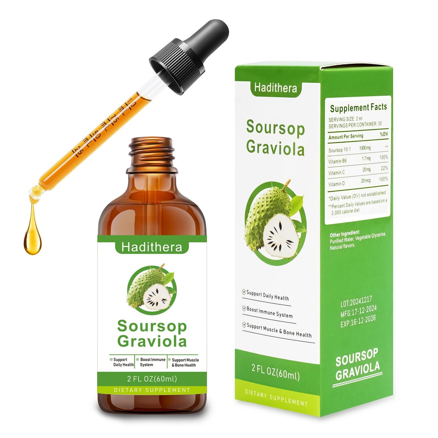 Soursop Liquid Drops - Cell Support Regeneration, Immune Boost, Relaxation, Liver Health, and Sleep Aid. Herbal Goodness with Natural Flavor, Sugar- Gluten-Free. 2 Fl Oz