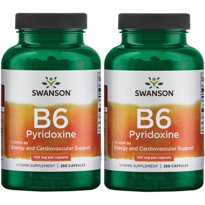 Swanson B6 Pyridoxine - Vitamin Supplement Promoting Cardiovascular Health Energy Metabolism - Natural Formula Promoting Overall Wellness - (250 Capsules, 100mg Each) (2 Pack)