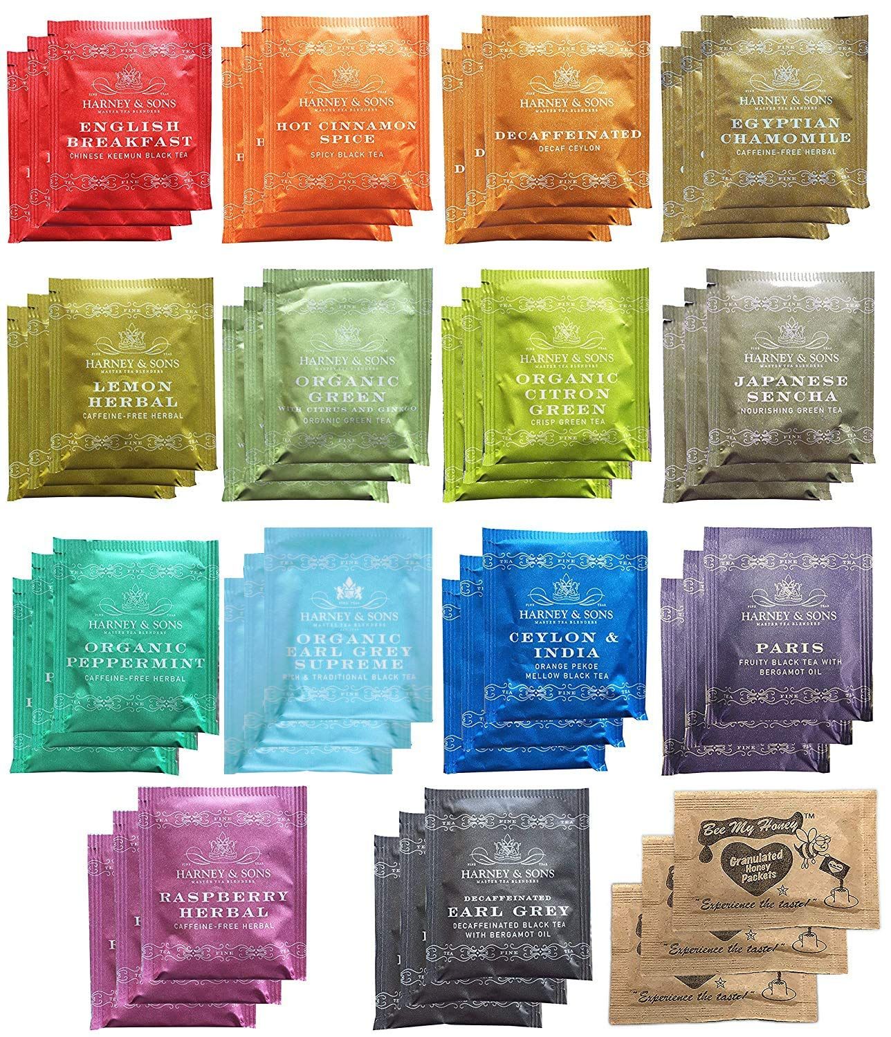 Harney Sons Assorted Tea Bag Sampler Bundle 42 Count With Honey Crystal Packs Great for Birthday, Hostess and Co-worker Gifts, Tea Set Gifts, Tea Variety Pack