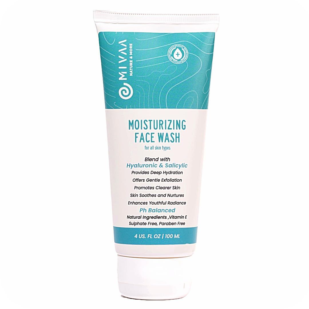 mivaa Moisturizing Face Wash with 2 Salicylic Acid Hyaluronic Acid 100ml For All Skin Types, Deep Hydration, Anti-Acne, Clearer Skin- Sulphate Paraben Free - Men Women