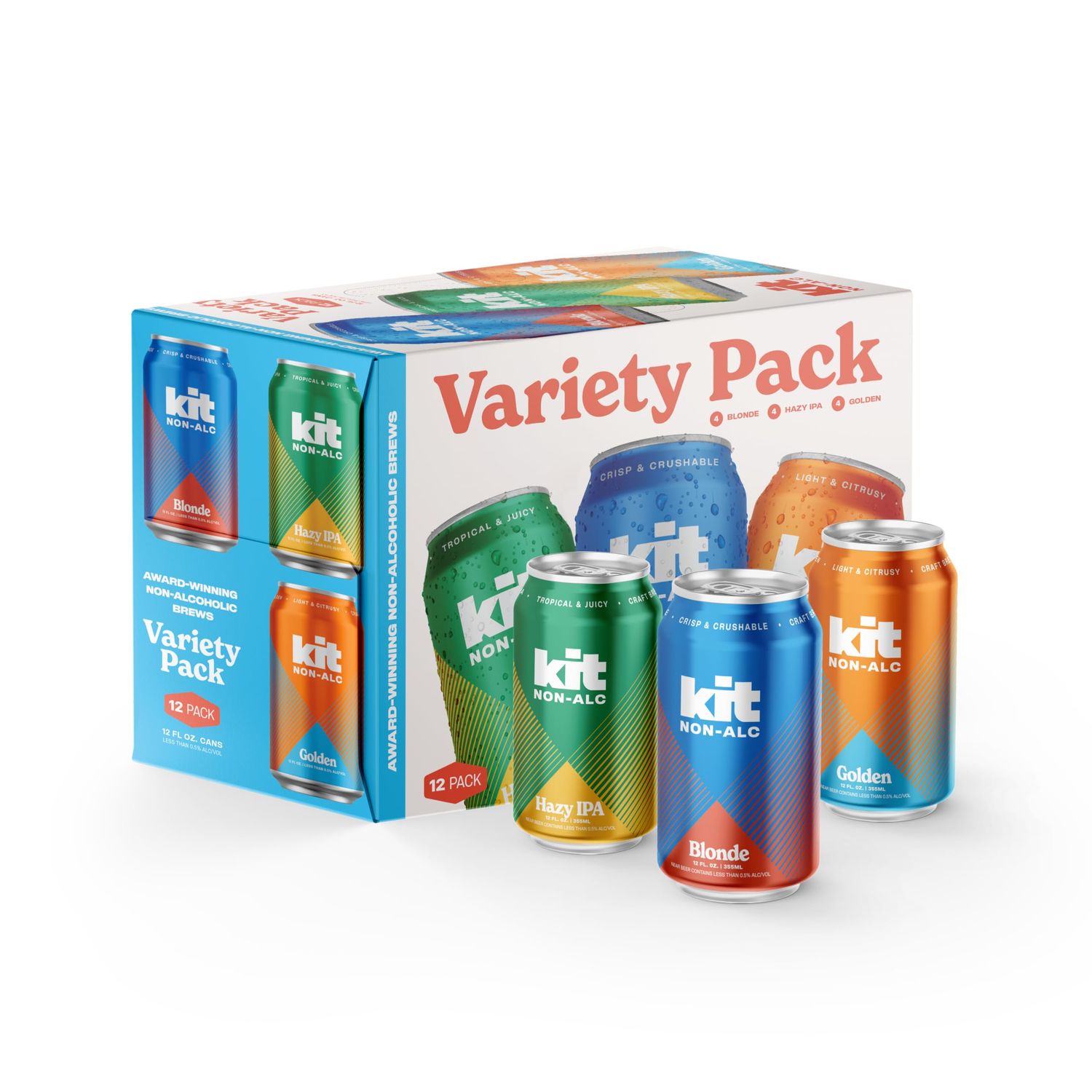 Kit Non-Alc - Non-Alcoholic Craft Beer - Variety 12pk Cans, Blonde, Hazy, Golden, 12 FL OZ, 4 Simple Ingredients - Gluten-Removed, Vegan Friendly, Dairy Free