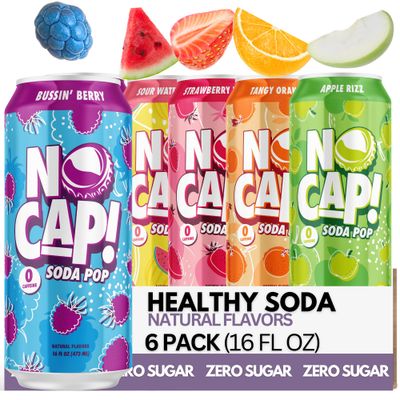 No Cap! Healthy Soda Alternative, Zero Sugar, Low Calorie, Caffeine Free, Vegan, Gluten Free, For Kids Adults 16 Oz Cans, 6 Pack (Variety)