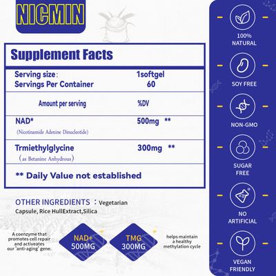 Liposomal NAD 500mg with TMG 300mg, Actual NAD Supplement (Not a Precursor) More Efficient Than NMN, Nicotinamide Riboside Alternative for Cell Energy, Healthy Aging and Muscle Repair 180 Capsules