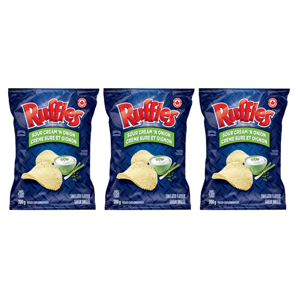Ruffles Sour Cream &#39;N Onion Potato Chips 200g7.05oz, 3-Pack Imported from Canada