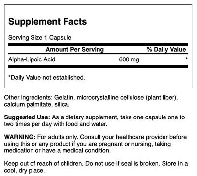Swanson Alpha Lipoic Acid - Natural Supplement Supporting Healthy Blood Pressure Levels Already Within a Normal Range - Promotes Carbohydrate Metabolism - (60 Capsules, 600mg Each)