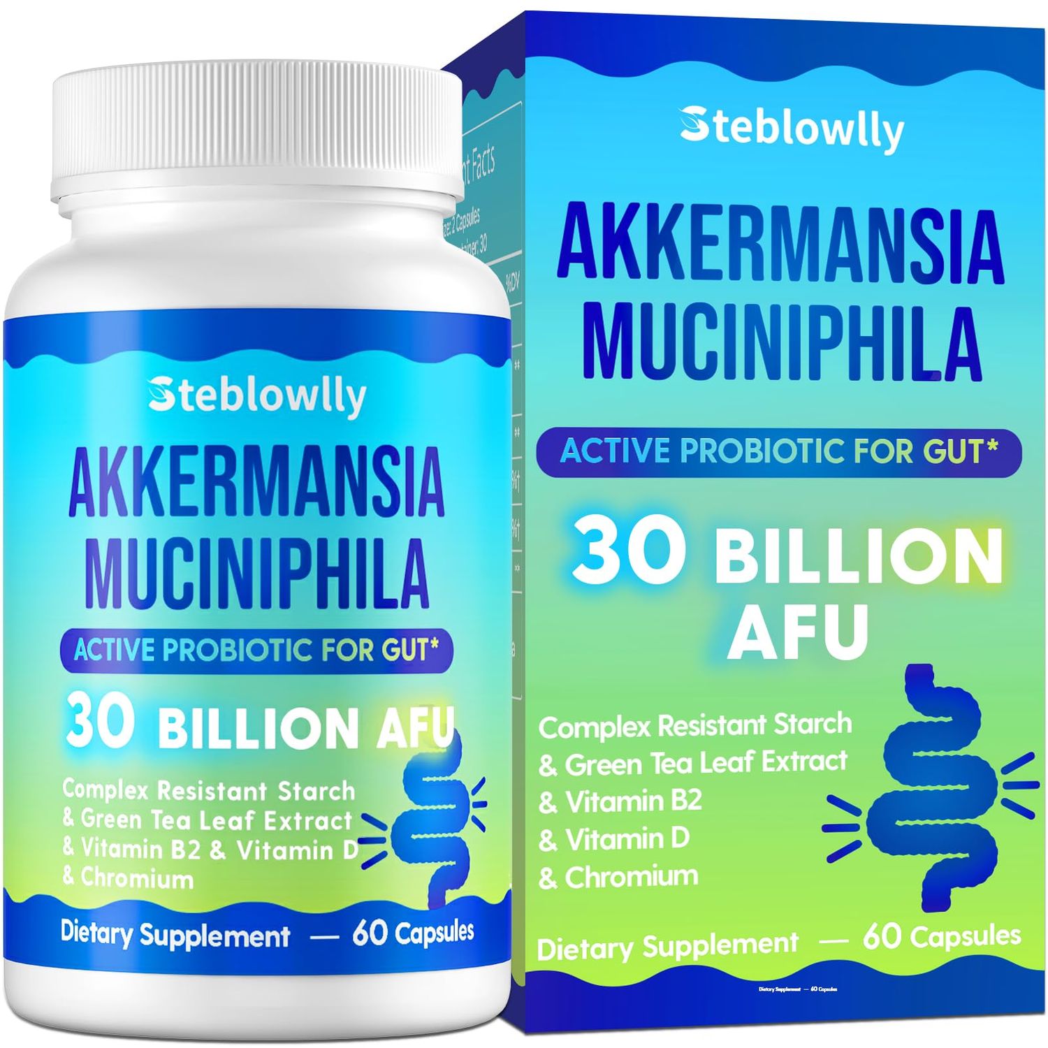Akkermansia Probiotic, GLP-1, Live Strain Probiotics for Women Men, GLP 1 Supplement for Gut Health, Digestive, Metabolic, Immune, with Chromium, Green Tea Leaf, 60 Capsule