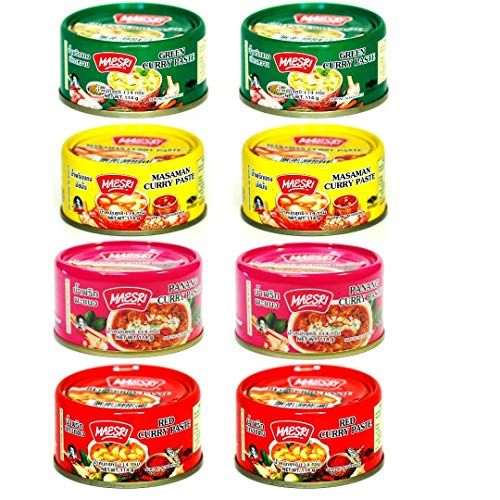 Maesri Variety Curry Paste 8pk (2) Green, (2) Red, (2) Masaman, (2) Panang Curry Sauce (Pack of 8)