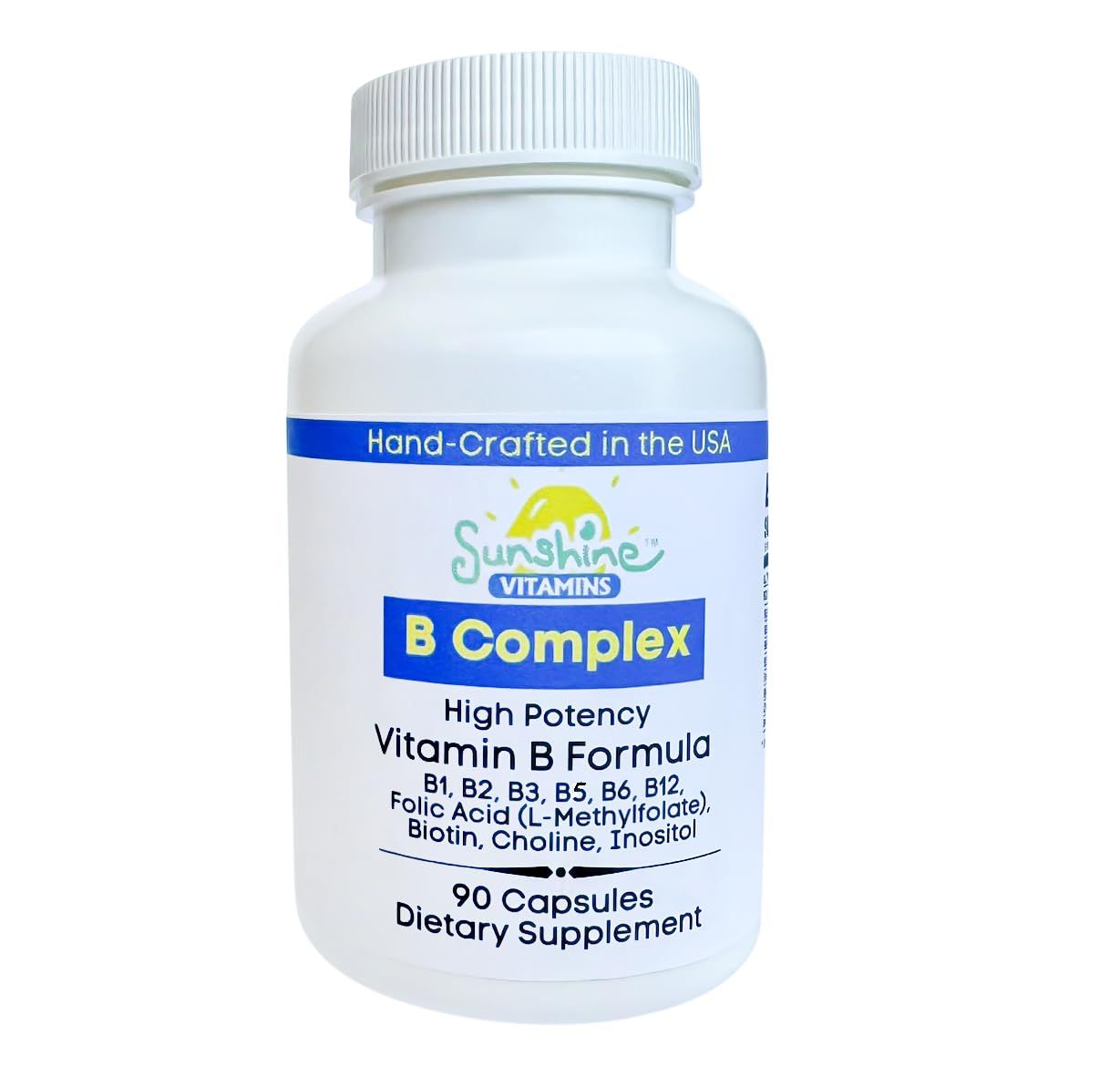 Sunshine Vitamins B Complex, 90 Capsules, Supports Energy, Metabolism, Brain, Immune Nervous System Health, Non-GMO, No Soy, Gluten, Dairy