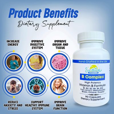 Sunshine Vitamins B Complex, 90 Capsules, Supports Energy, Metabolism, Brain, Immune Nervous System Health, Non-GMO, No Soy, Gluten, Dairy