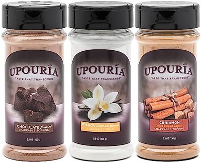 Upouria Coffee Topping Variety Pack - Chocolate, Cinnamon with Brown Sugar, and French Vanilla, 5.5 Ounce Shakeable Topping Bottles - (Pack of 3)