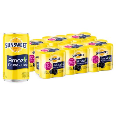 Sunsweet Amazin Prune Juice Small Cans - Water Extract of Dried Prunes Pitted Unsweetened - Low Fat - 100 Juice Rich in Dietary Fiber Natural Minerals - 6 x 4 Pack of 7.5 Ounce