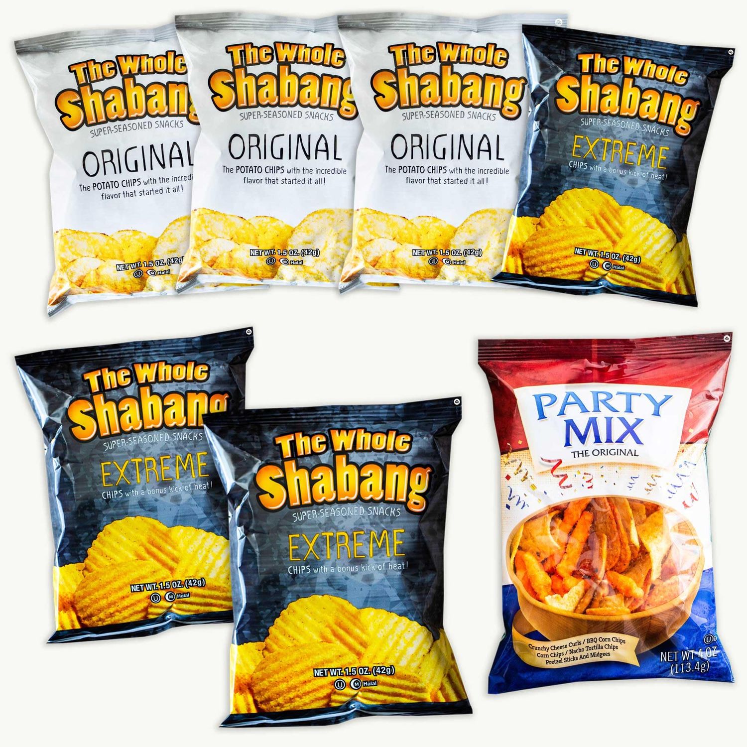 Whole Shabang Potato Chips Variety Pack (1.5oz) - Original (3pk) - EXTREME (3pk) - Party Mix 4oz -7 Items