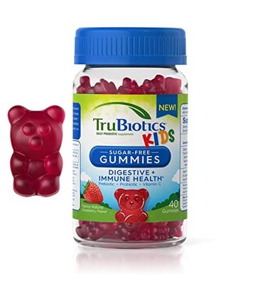 TruBiotics Probiotics for Kids with Prebiotics Vitamin C, Sugar-Free Gummies for Digestive Immune Health Support, Chewable Kids Probiotic Supplement, Natural Strawberry Flavor, 40 Gummies