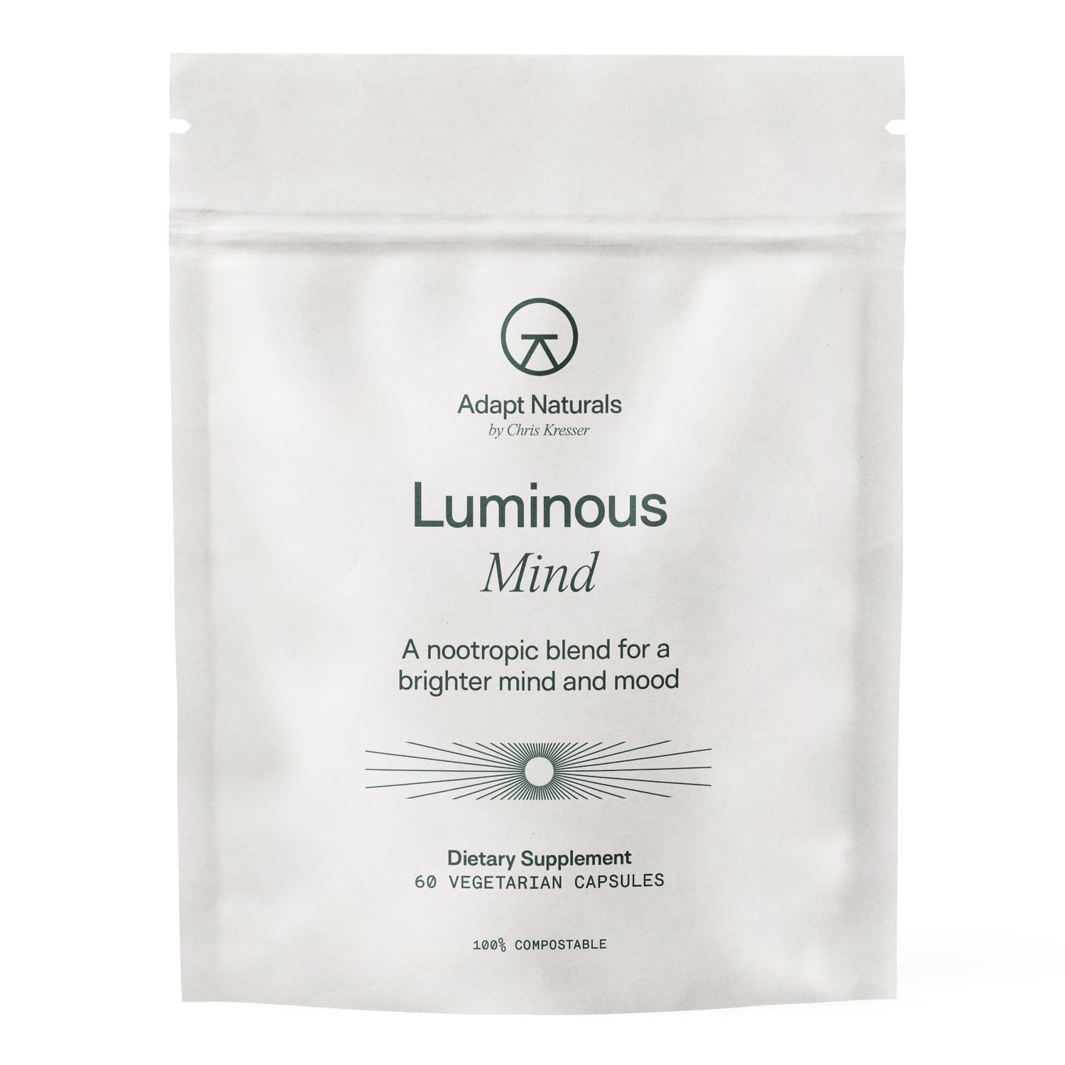 Adapt Naturals Luminous Mind Nootropic Brain Supplement with Ginkgo Biloba, Bacopa and Lions Mane Memory, Focus, Mental Clarity and Elevated Mood Support No Caffeine, Crash Free - 30 Days Supply