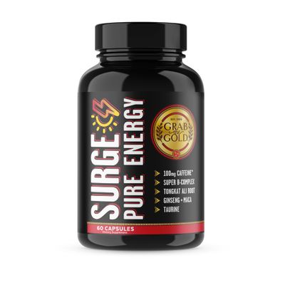 Grab The Gold Surge Pure Energy, 100mg Caffeine Super B-Vitamin Complex for Sustained Energy, 1 Bottle 60 Servings