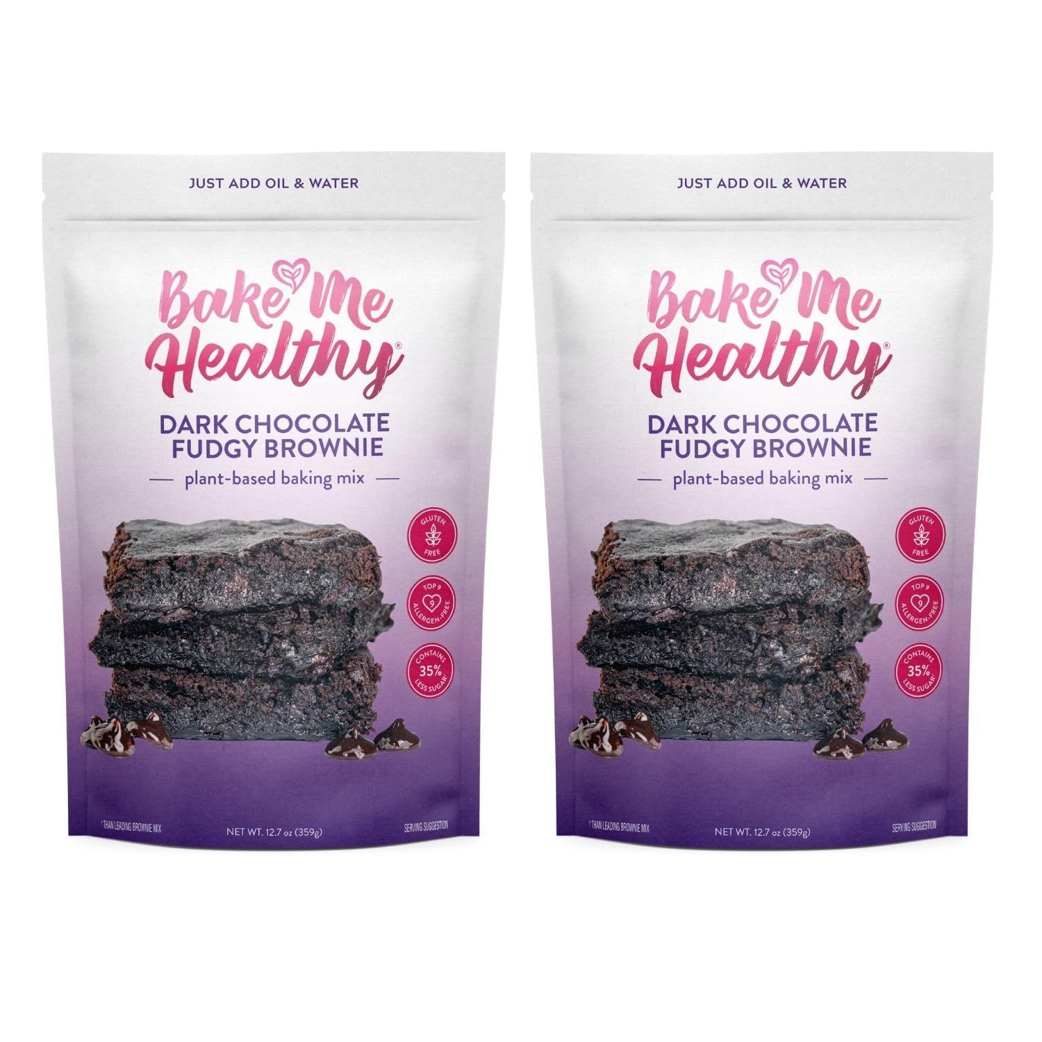 Bake Me Healthy Gluten Free Dark Chocolate Brownie Baking Mix - Vegan Brownie - Non-GMO, 35 Lower Sugar, Allergy-Friendly, Plant-Based, Easy to Make, 14.4oz 409g Resealable Pouches (Pack of 2)
