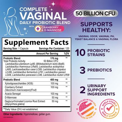 Vaginal Probiotics for Women pH Balance with Prebiotics, 50 Billion CFU, 10 Probiotic Strains, Cranberry, D-Mannose XOS - Healthy Vaginal Odor Flora, UT Feminine Digestive Health - 120 Capsules