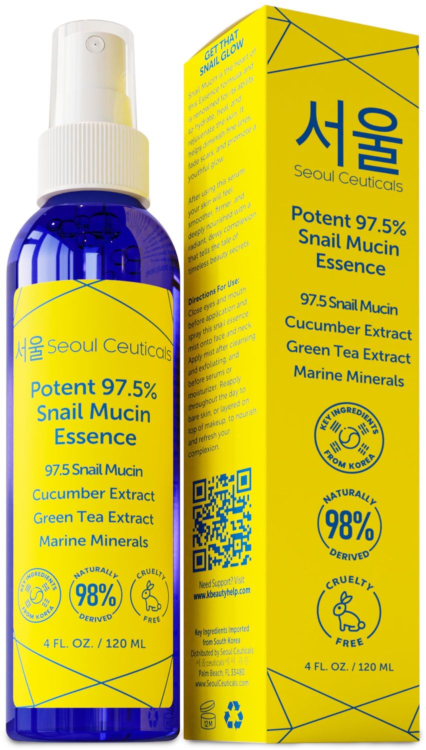 SeoulCeuticals Korean Face Mist 97.5 Snail Mucin Essence - K Beauty Skincare Facial Spray - Cucumber Extract Marine Minerals Green Tea Aloe 4oz