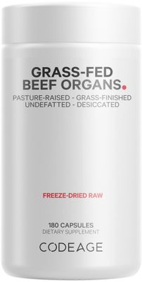 Codeage Grass Fed Beef Organs Supplement - Glandulars Supplements - Freeze Dried, Non-Defatted, Desiccated Liver, Heart, Kidney, Pancreas Spleen Bovine Pills - Beef Vitamins - Non-GMO -180 Capsules