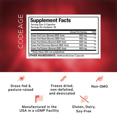 Codeage Grass Fed Beef Organs Supplement - Glandulars Supplements - Freeze Dried, Non-Defatted, Desiccated Liver, Heart, Kidney, Pancreas Spleen Bovine Pills - Beef Vitamins - Non-GMO -180 Capsules