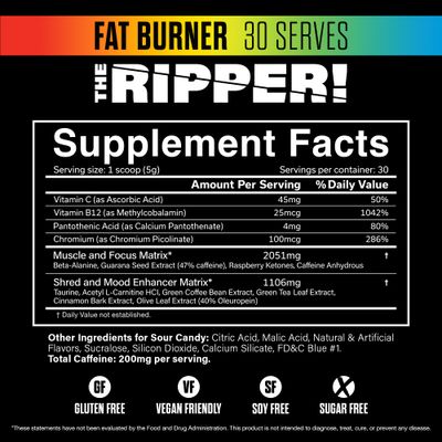 JNX SPORTS The Ripper! Shredding Thermogenic Fat Burner - Sour Candy 30 Servings Advanced Fast Acting Stim Thermogenesis, Appetite Suppressant for Men Women