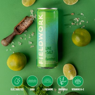 Fieldwork Supertonic, Adaptogen Non-Alcoholic Sparkling Adult Drink with Nootropics, Lime Salt, 12 oz Cans, 4-Pack