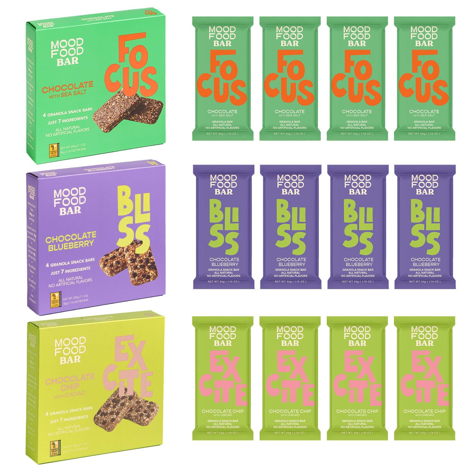 MOOD FOOD BAR Chocolate Lovers Variety Pack Granola Bars - Chocolate with Sea Salt, Blueberry, Chip with Cacao- 12 pack - 21.3 OZ