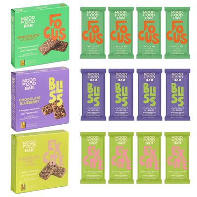 MOOD FOOD BAR Chocolate Lovers Variety Pack Granola Bars - Chocolate with Sea Salt, Blueberry, Chip with Cacao- 12 pack - 21.3 OZ