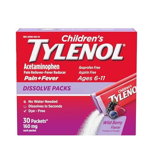Tylenol Children&#39;s Dissolve Packs for Pain Relief, Fever Medication, 160 mg Acetaminophen, Dye Free, Kids&#39; Powder Packets for Cold Flu Symptom Relief; Wild Berry Flavor, 30 ct.; Pack of 1