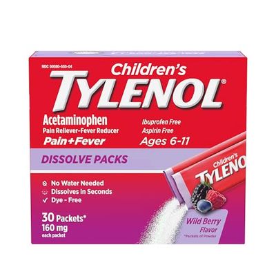 Tylenol Children&#39;s Dissolve Packs for Pain Relief, Fever Medication, 160 mg Acetaminophen, Dye Free, Kids&#39; Powder Packets for Cold Flu Symptom Relief; Wild Berry Flavor, 30 ct.; Pack of 1
