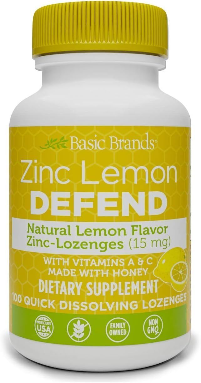 Basic Brands - Zinc Lemon Defend - 100 Lozenges - Natural Lemon Flavor Zinc-Lozenges - Immune Boost, Cold Relief, Non-GMO, Zinc Acetate Vitamin C - 2-Pack