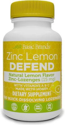 Basic Brands - Zinc Lemon Defend - 100 Lozenges - Natural Lemon Flavor Zinc-Lozenges - Immune Boost, Cold Relief, Non-GMO, Zinc Acetate Vitamin C - 2-Pack