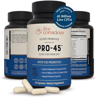 Live Conscious PRO45 Probiotics for Women Men: Comprehensive Formula, 45 Billion CFU, 11 Strains, Dairy Free - wPrebiotics and Probiotics - Promotes Immune Gut Health - 30 Veggie Caps